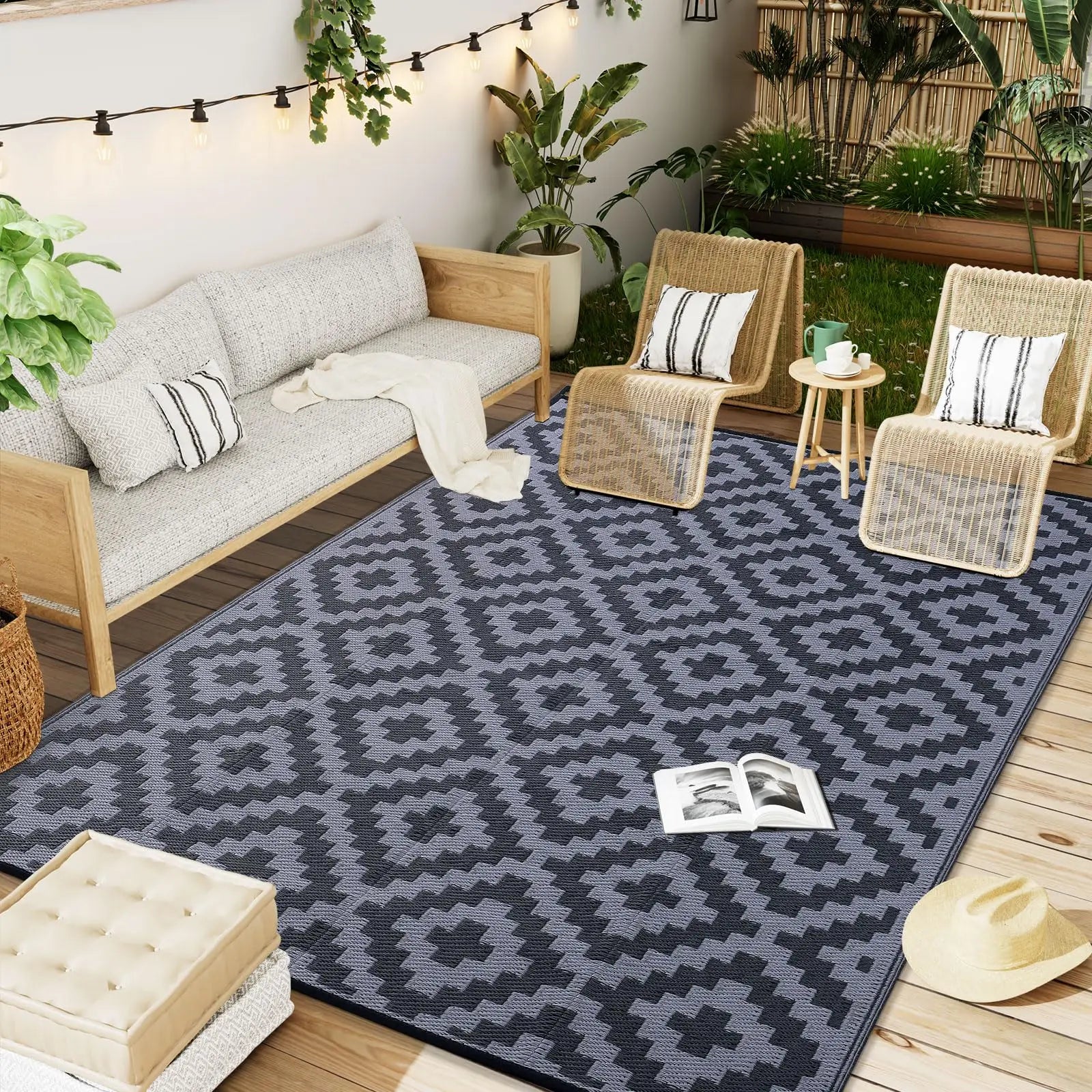 Tapis Extérieur Imperméable Réversible – Matière Recyclée – Terrasse, Balcon &amp; Pique-nique | 5 Tailles