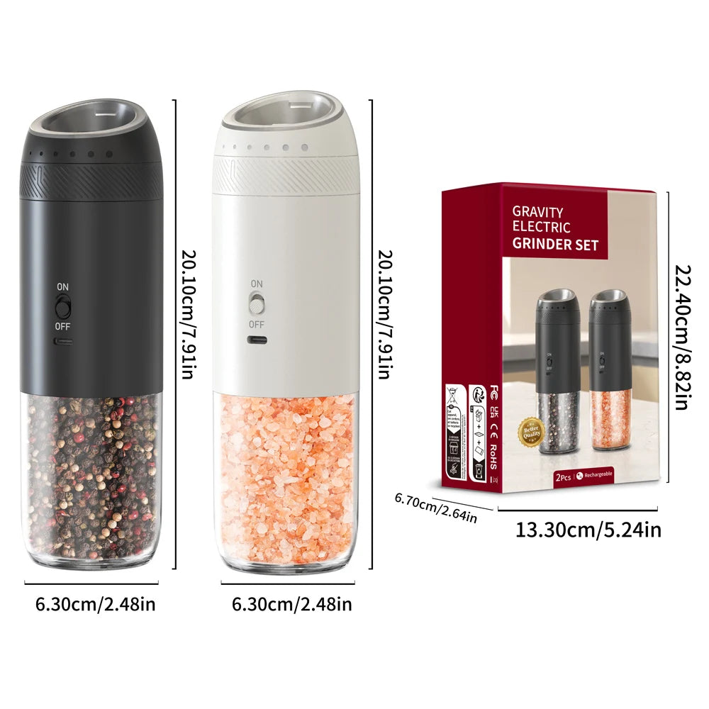 Electric Salt &amp; Pepper Grinder – Integrated LED, Automatic Gravity, Rechargeable – 1 or 2 pieces