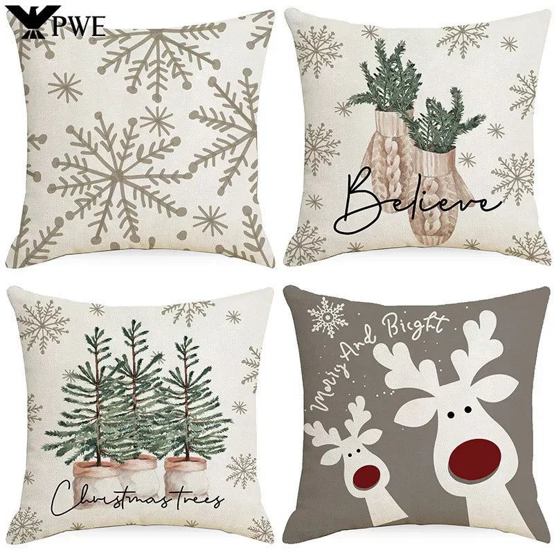 Housse de Coussin Noël ❄️🦨 | Flocons &amp; Cerfs – Décoration Fêtes &amp; Canapé