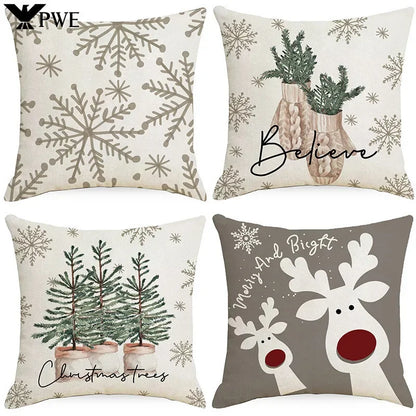 Housse de Coussin Noël ❄️🦨 | Flocons &amp; Cerfs – Décoration Fêtes &amp; Canapé