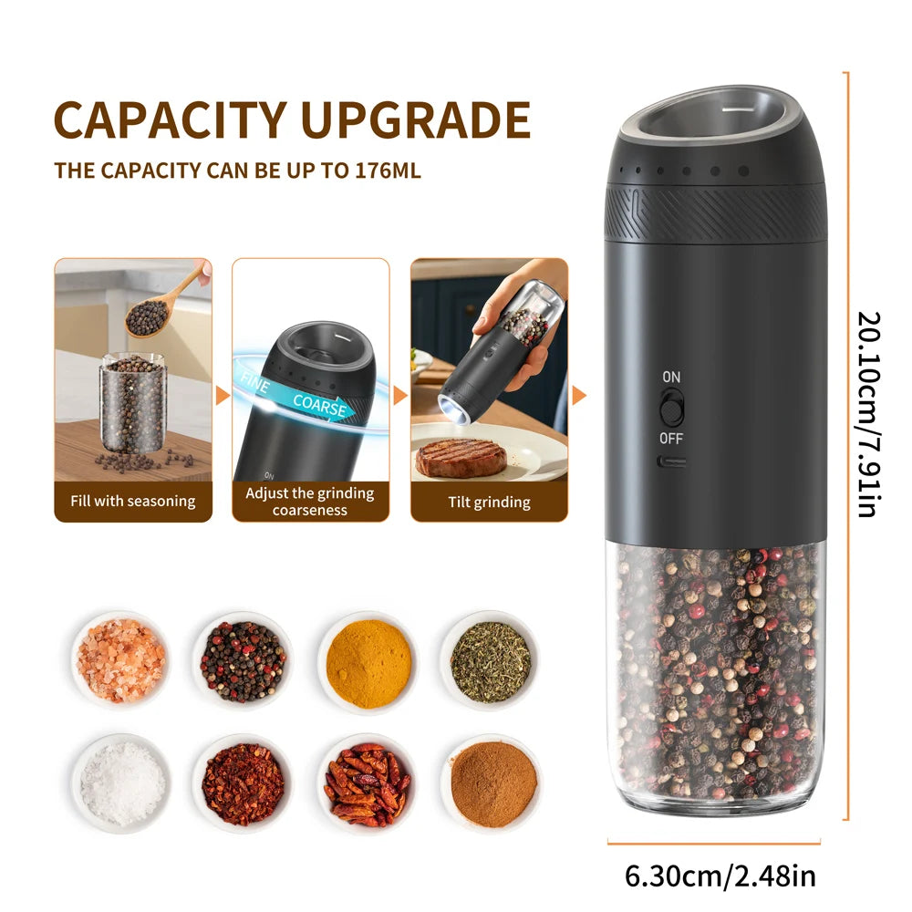 Electric Salt &amp; Pepper Grinder – Integrated LED, Automatic Gravity, Rechargeable – 1 or 2 pieces
