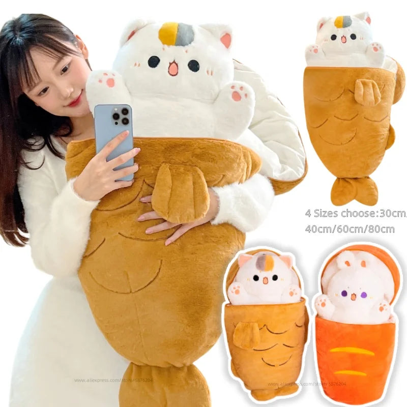 Peluche Kawaii Chat Taiyaki &amp; Lapin Carotte – Coussin Doudou Anime | 27 à 80cm