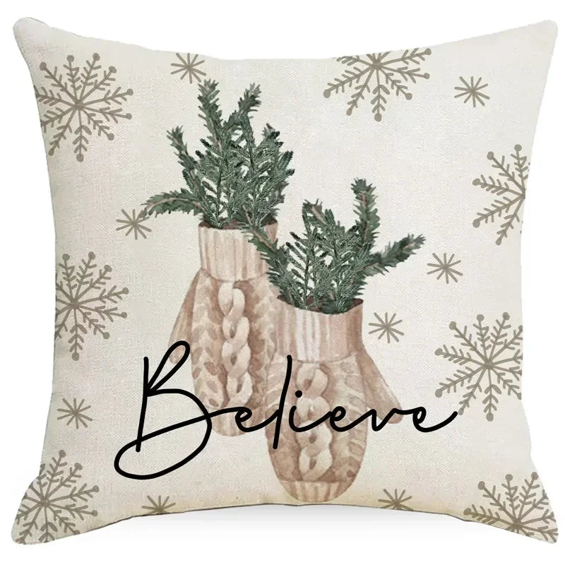Housse de Coussin Noël ❄️🦨 | Flocons &amp; Cerfs – Décoration Fêtes &amp; Canapé