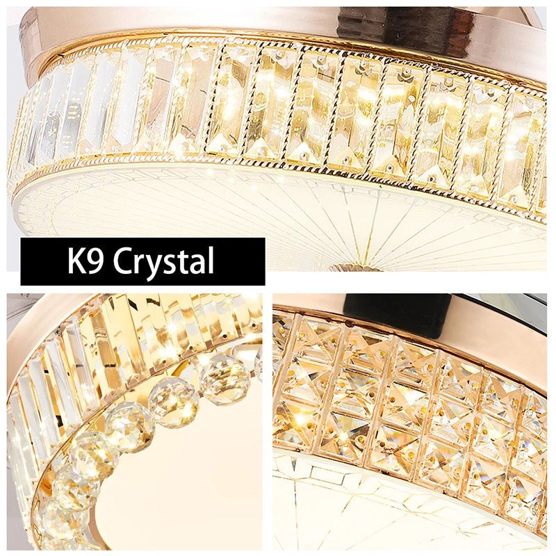 Ventilateur de Plafond LED Cristal &amp; Or – Télécommande, Dimmable, 3 Designs | Crystal Ceiling Fan