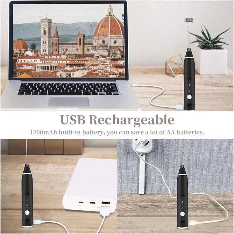 Mousseur à Lait Électrique USB – Mixeur à Main 3‑en‑1 pour Café &amp; Cappuccino