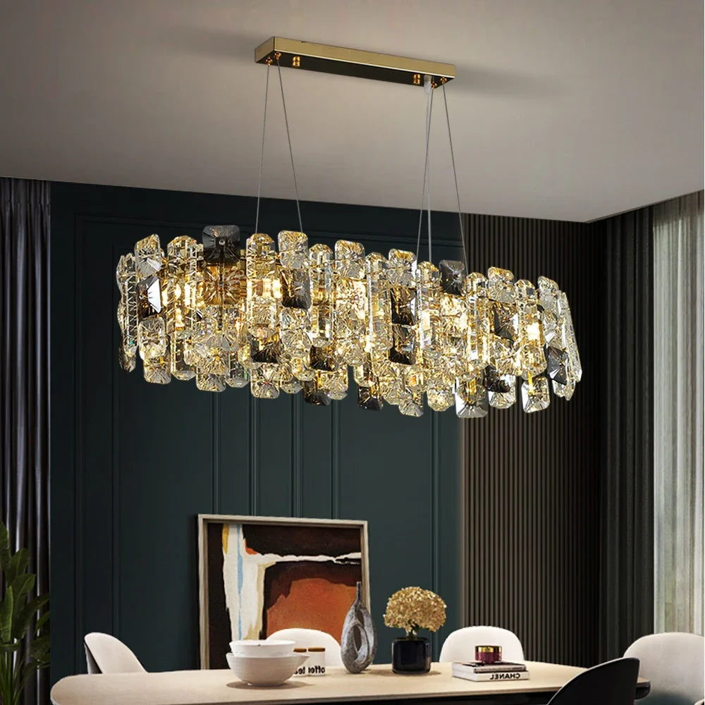 Lustre Cristal Ovale Doré LED – Salle à Manger &amp; îlot de Cuisine, L95 ou L120cm | Oval Gold Chandelier