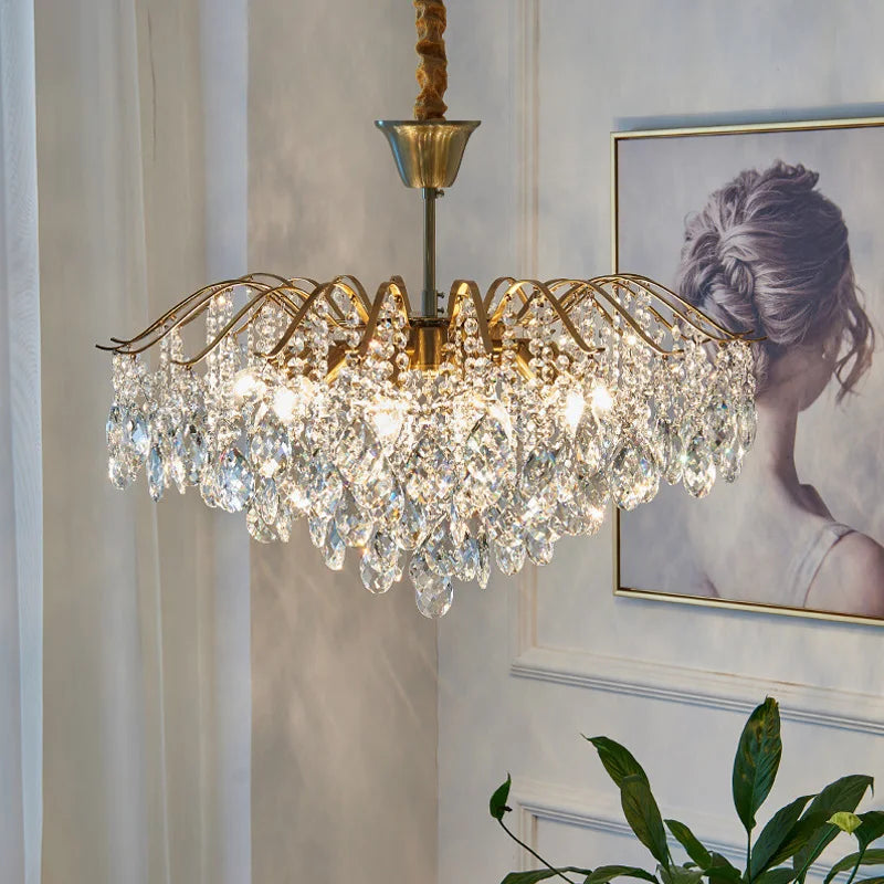 Lustre Cristal Style Français – LED E14 – Cristal Transparent ou Ambré – 3 Tailles – Salon &amp; Salle à Manger