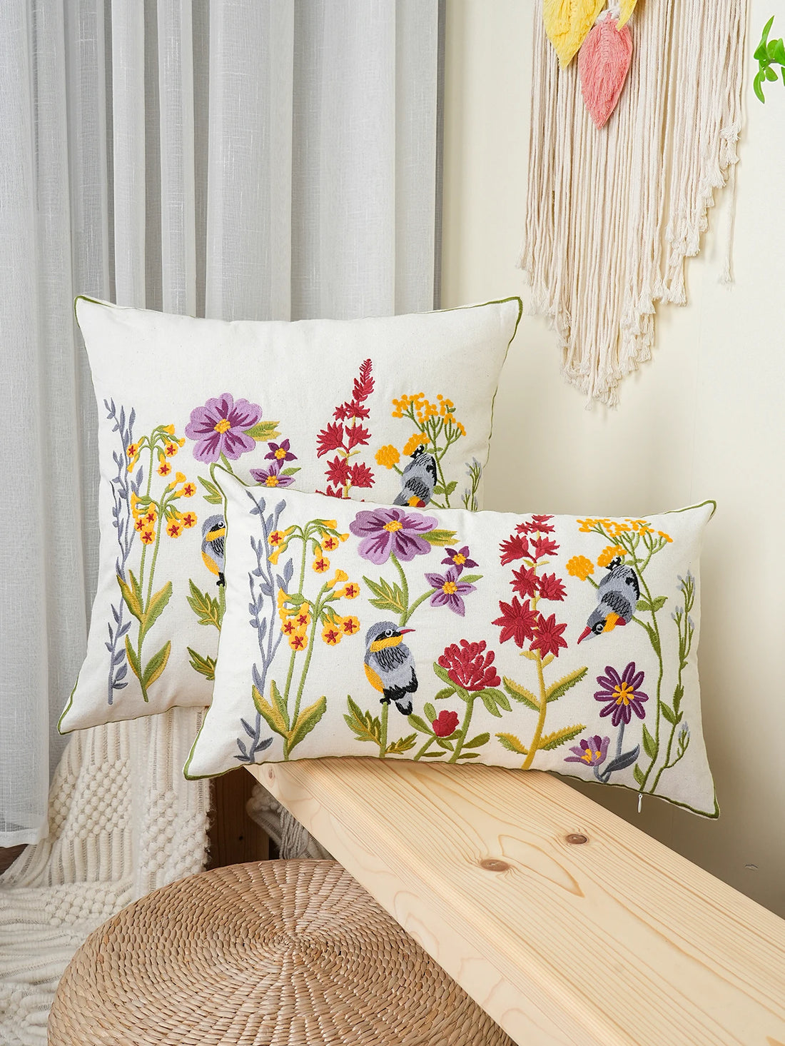 Housse de Coussin Brodée 🌸 | Fleurs &amp; Oiseaux – 3 Tailles – Zip Invisible – Déco Canapé