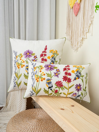 Housse de Coussin Brodée 🌸 | Fleurs &amp; Oiseaux – 3 Tailles – Zip Invisible – Déco Canapé