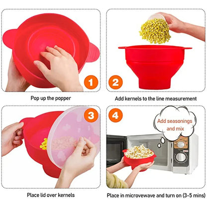 Bol à Popcorn en Silicone – Pliable, Alimentaire, Micro‑Ondes, avec Couvercle