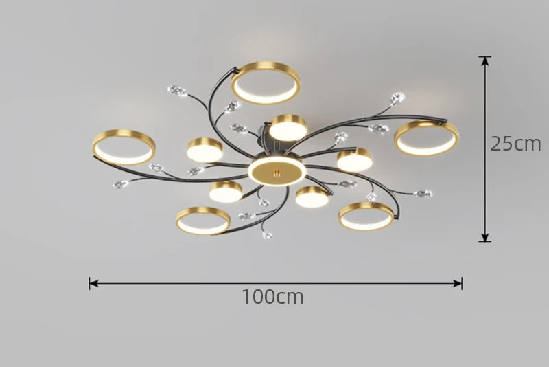 Lustre Plafonnier LED Doré Style Nordique – Dimmable Télécommande – 6, 8 ou 10 Lumières – Salon &amp; Hôtel