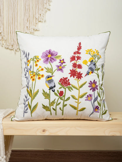 Housse de Coussin Brodée 🌸 | Fleurs &amp; Oiseaux – 3 Tailles – Zip Invisible – Déco Canapé