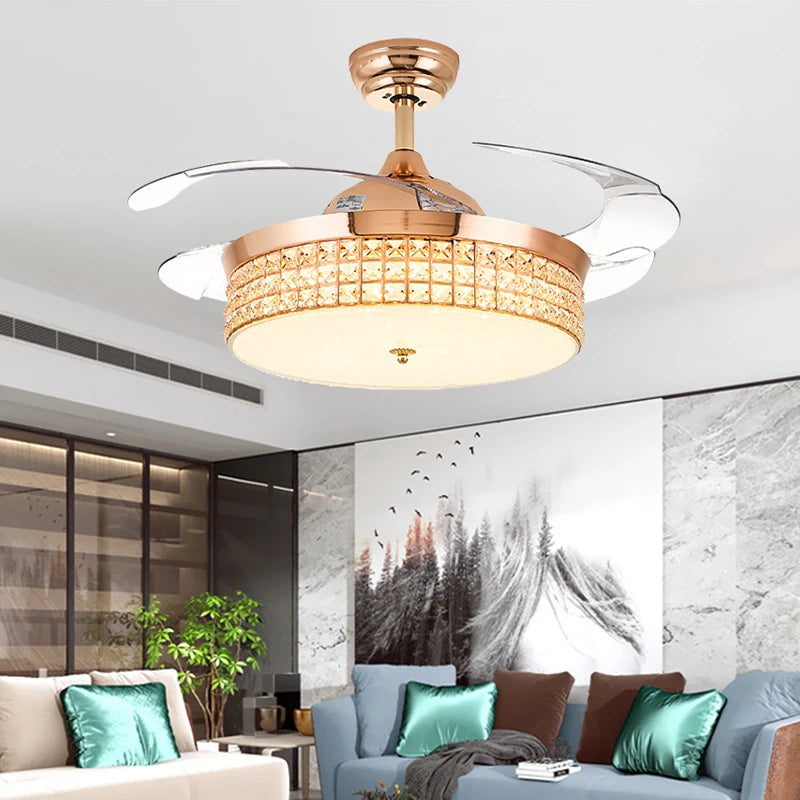 Ventilateur de Plafond LED Cristal &amp; Or – Télécommande, Dimmable, 3 Designs | Crystal Ceiling Fan