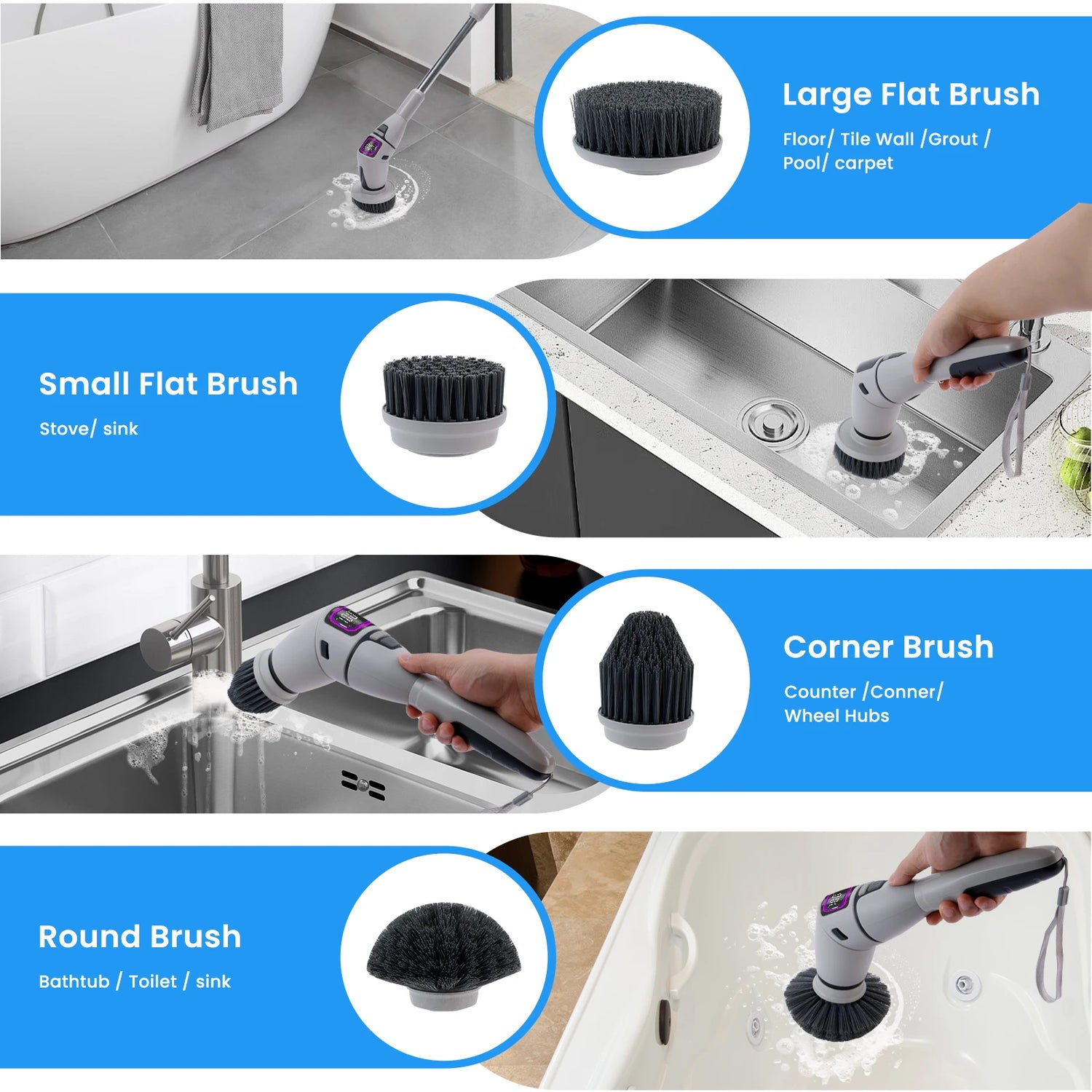 Brosse Électrique de Nettoyage Sans Fil – Télescopique 33-128cm, IPX7 | 13 Têtes