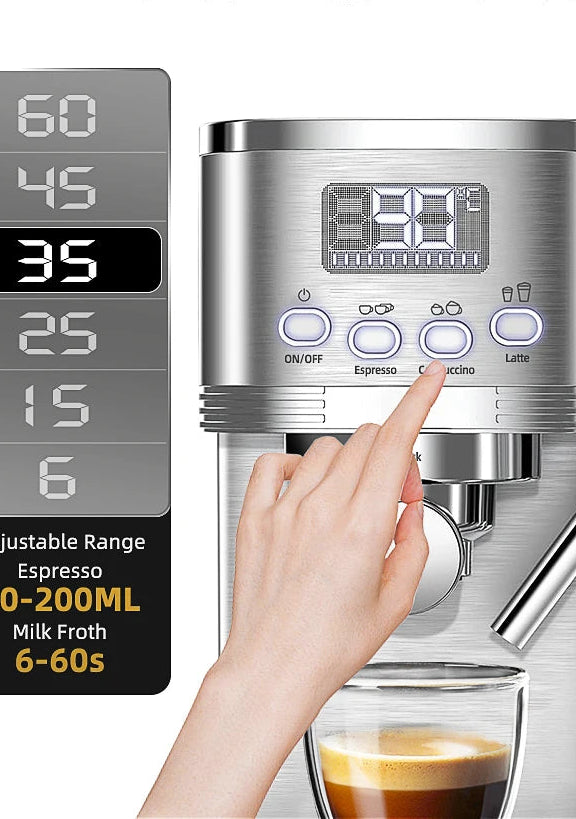 Machine à Café Expresso Automatique 20 Bars – Mousseur de Lait Intégré, Acier Inoxydable, Cappuccino &amp; Latte