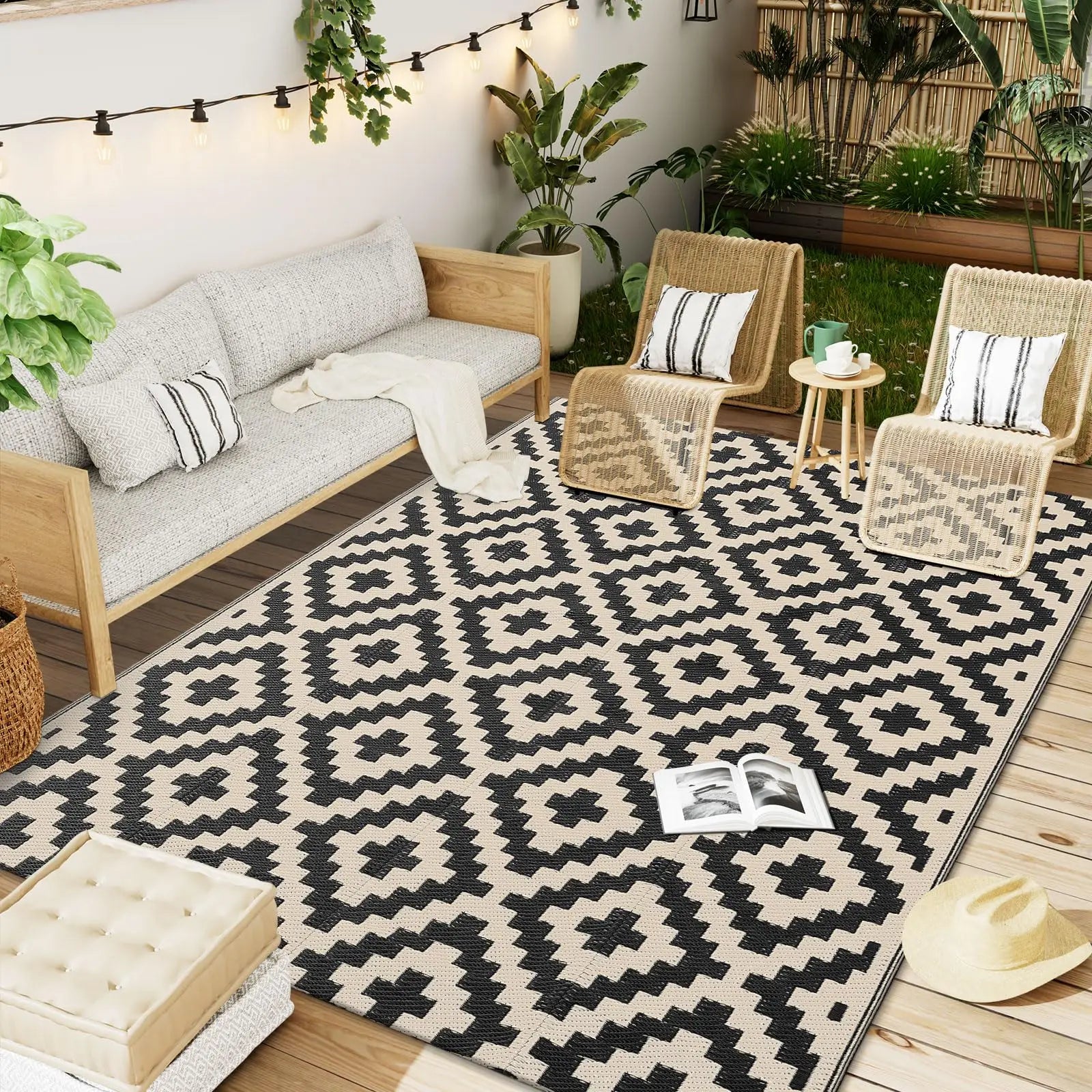 Tapis Extérieur Imperméable Réversible – Matière Recyclée – Terrasse, Balcon &amp; Pique-nique | 5 Tailles